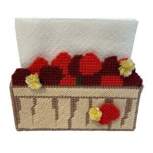 Vintage 60s Needlepoint Napkin Holder Strawberry Basket Cottagecore Handcrafted